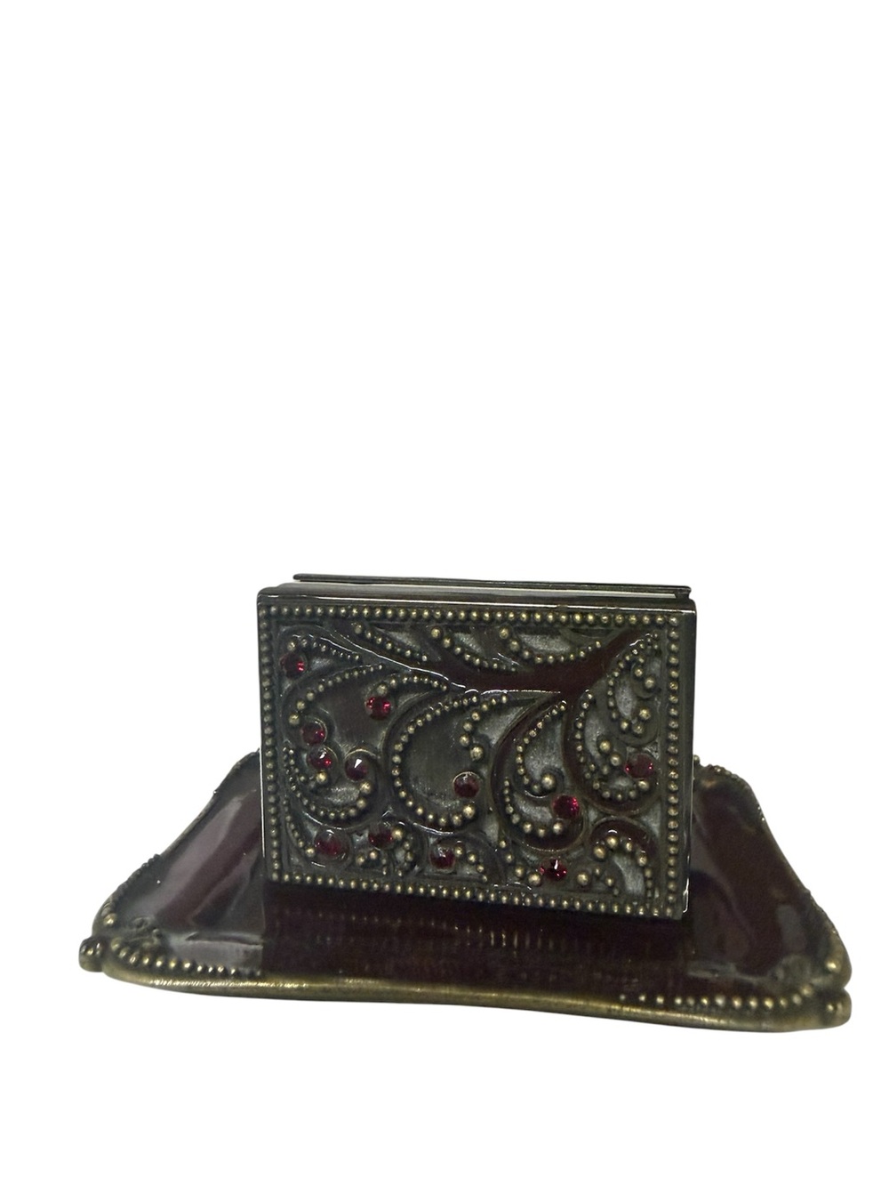 Rare  metal enameled matches holder & matching tray. Gem Accents